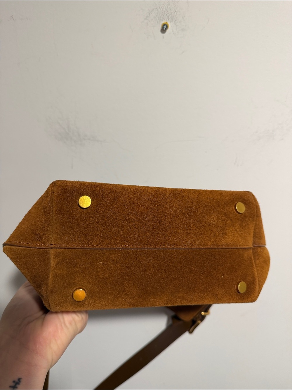 Quince Italian Suede Bucket Crossbody Bag in Color Whiskey - Picture 15 of 16